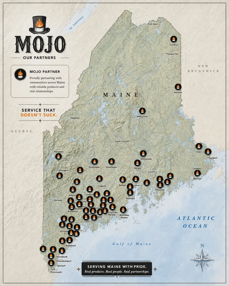 Map of Maine showing all Mojo partner retail locations